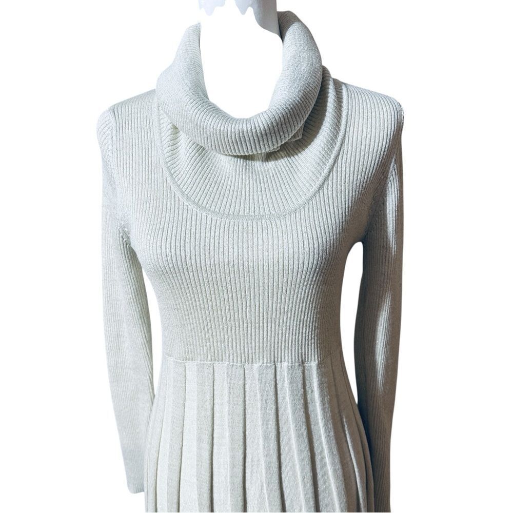 Calvin Klein  Knit Ribbed Sweater Dress Cream Sparkle Cowl Size M